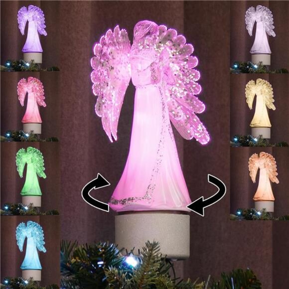 14" Lighted Christmas Angel Tree Topper - Rotary with Sequin Wings & RGB Lights - Picture 1 of 7